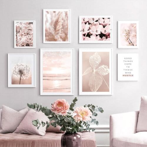 Pink Cherry Blossom Lily Reed Sky Sea Wall Art Canvas Painting Nordic Posters And Prints Wall Pictures For Living Room Decor