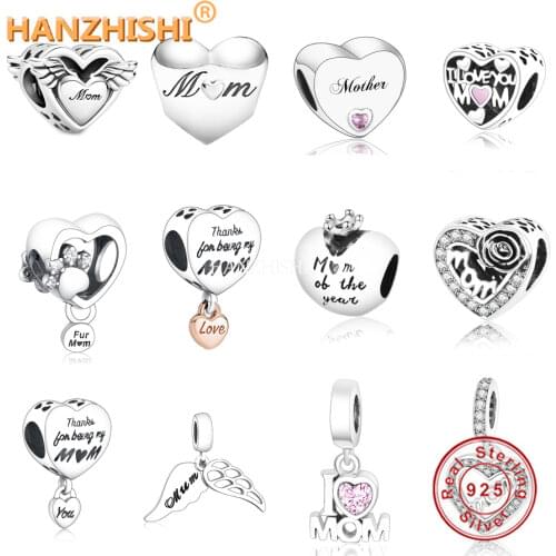 Mothers Day Series Fit Original Pandora Charms Bracelet 925 Sterling Silver MOM Heart Charm Bead DIY Jewelry Accessory berloque