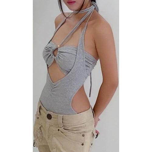 Chic Bodysuit Women Halter Top Bandage Bodysuit Backless Hollow Out Sleeveless One Piece Outfit Women Streetwear Sexy Clubwear