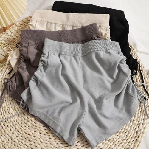 Side drawstring high waist knitted shorts womens autumn new thin solid color Korean Shirring casual straight-leg Shorts female