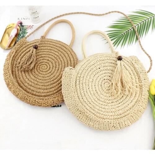 New round fringed straw bag shoulder versatile casual handbags paper rope woven bag beach bag