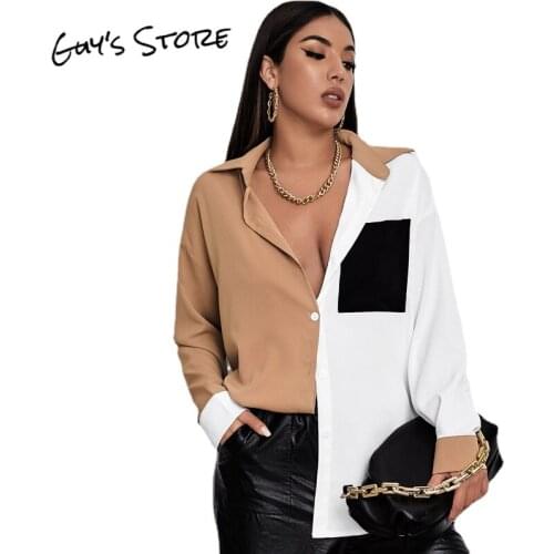 2021 new autumn and winter harajuku shirt contrast stitching jacket pocket long-sleeved chiffon shirt shirts for women