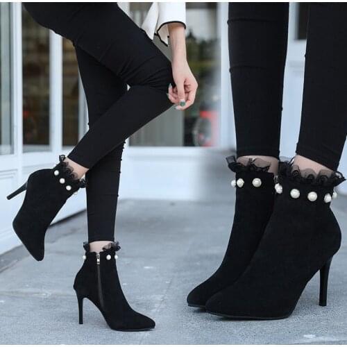 Women Pointed Toe Pearl Zipper Ankle Boots Lace Pump Sexy Thin High Heels Female Autumn Ladies Flock Elegant Fashion Shoes