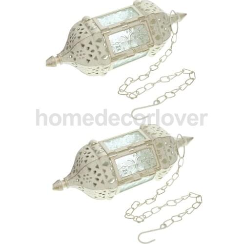 2PCs Moroccan Style Metal & Glass Teal Light Candle Holder Hanging Candleholder for Wedding Home Coffee Shop Decor (White)