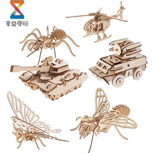 3D Wooden Three-dimensional Jigsaw Puzzle Childrens Intelligence DIY Puzzle Board Toy Wooden Car Airplane Laser Cutting