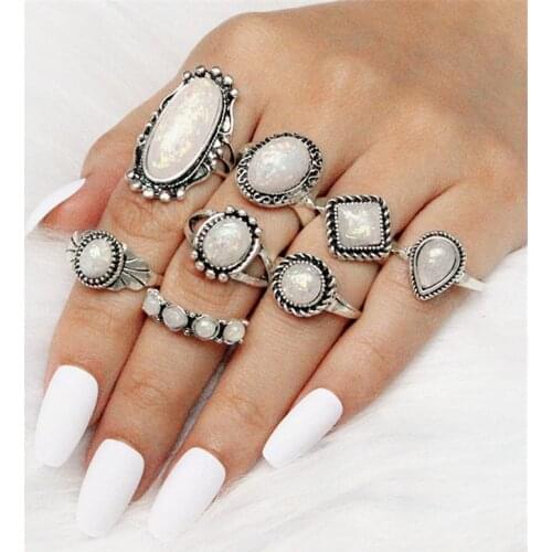 8pcs/sets Bohemian Vintage Crystal Stone wedding Ring For Women BOHO Geometric drop shape Female Finger Rings Set Jewelry