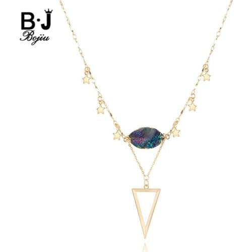 BOJIU New Copper Star Gold Necklace Natural Rainbow Sunstone Metal Triangle Pendant Necklace Bohemia Style Necklace Women NKS182