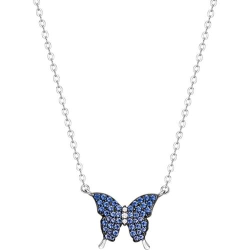 SLJELY Fashion Real 925 Sterling Silver Blue Butterfly Pendant Necklace Women Cubic Zirconia Clavicle Chain Fine Party Jewelry