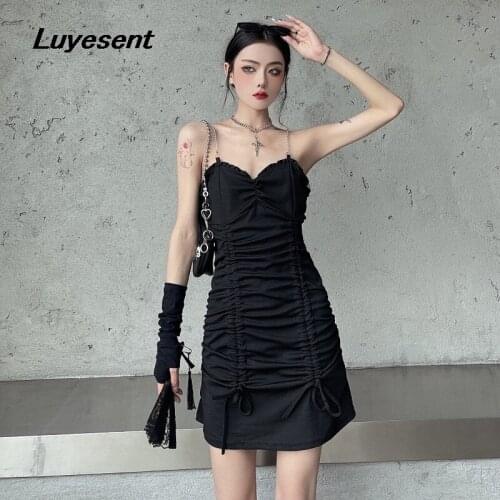 Black Gothic Lady Sexy Mini Dress Summer Deep V Neck Pleated Draw String Dresses Backless Sleeveless Dark Goth Harajuku Vestidos