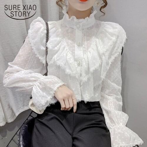 Fashion Ruffle Stitching Elegant Lace Blouse Long Sleeve Loose Chiffon Shirts Korean Style Stand Collar Pleated Top Blusas 15832
