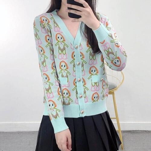 Cartoon Jacquard Knitted Cardigan Women 2021 Autumn Sweater Cardigan V-neck Single Breasted Long Sleeve Sweater Coat Knit Jacket