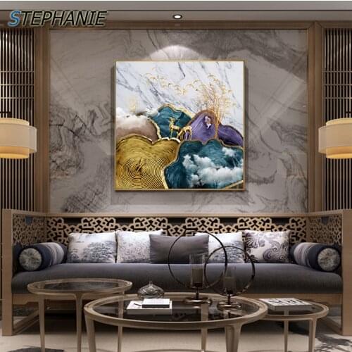 Modern Blue Purple Gold Tableaux Modern Gold Foil Moon Tree Canvas Art Pop Saudi Poster Print for Living Room Abstract Wall Art