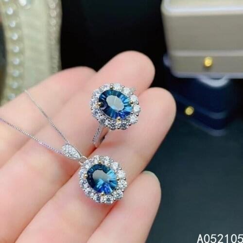 KJJEAXCMY fine jewelry 925 sterling silver inlaid Natural London blue topaz women exquisite elegant flower gem pendant ring set