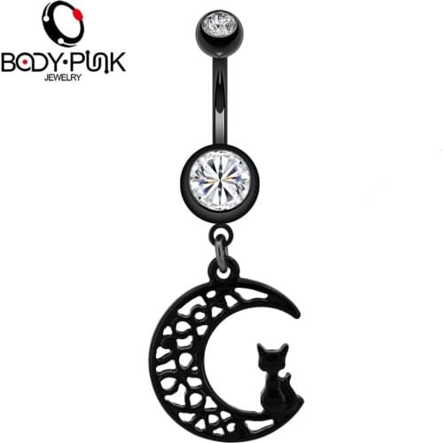 Body Punk 14G Moon Cat Belly Button Rings 316L Surgical Steel Black Cute Dangle Navel Rings Piercing Jewelry for Women Ombligo