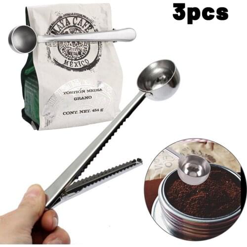 3pcs Two-In-One Multifunctional Coffee Scoop With Sealing Clip Stainless Steel Tea Measuring Coffee Scoop Kitchen Gadgets Items