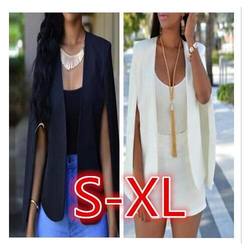 Fashion Cloak Cape Blazer Women Coat White Black Lapel Split Long Sleeve Pockets Solid Casual Suit Jacket Workwear