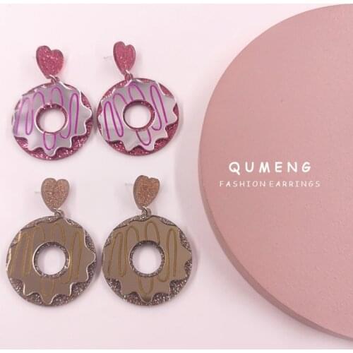 Fashion Lovely Sweet Strawberry Doughnut Acrylic Drop Earrings For Women Pink Shiny Peach Heart Cute Night Club Party Jewelry
