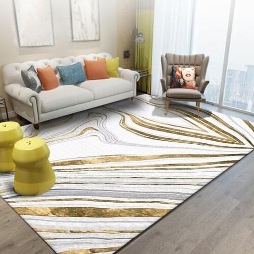 Fashion Designer Gold Abstract Lines Stone Pattern Carpet 3D Bedroom Living Room Crystal Velvet Non-slip Decorative Washable Rug