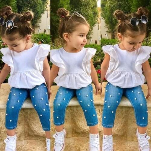 2-7T Toddler Kids Baby Girls Fashion Clothes set Ruffles Short Sleeve Cotton Top T-shirt Denim Long Pants Outfits Streetwear