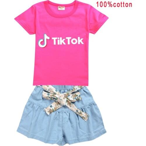 TIK TOK Summer Fashion Cute Cartoon Childrens Girl Skirt Suit T-shirt Short Sleeve Skirt Set for Girls