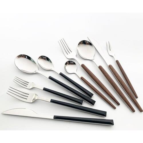 20Pcs Glossy Silver Cutlery Set Wooden Handle Tableware Stainless Steel Dinnerware Knife Fork Spoon Silverware Home Flatware Set