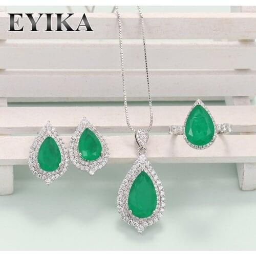 EYIKA Luxury Pear Emerald Fusion Crystal Zircon Earring Ring Pendant Necklace Wedding Engagement Bridal Silver Color Jewelry Set
