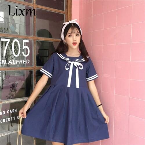 Sweet Japan Mori Girl Kawaii lolita Dress Summer Women Short Sleeve Sailor Collar Cotton Dresses Navy blue,White Vestidos