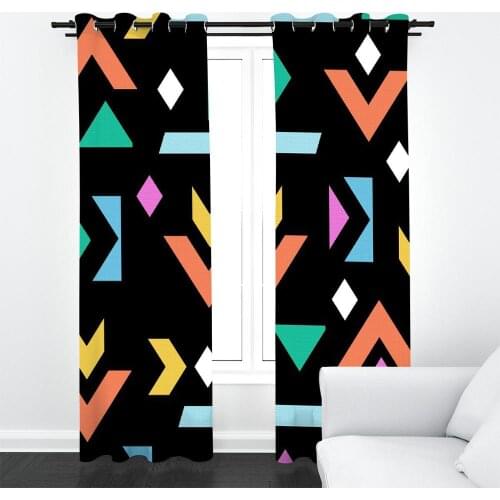 Modern Colorful Geometric pattern Black Background Polyester Fabric Curtains For Living room Bedroom Blackout Drapes Decor Sets
