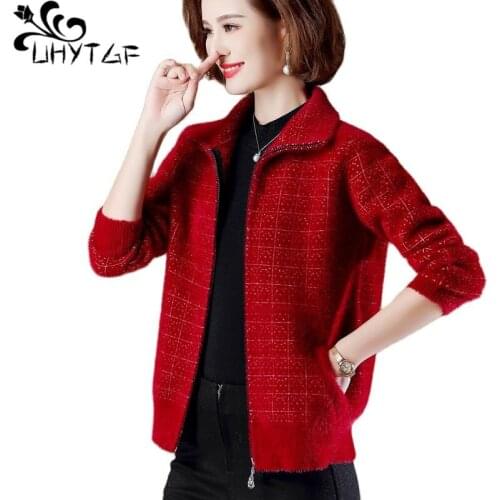 UHYTGF Quality Mink Fleece Spring Autumn Jacket Zipper Cardigan Womens Outerwear Fashion Plaid Knitted Short Plus Size Coat 1727