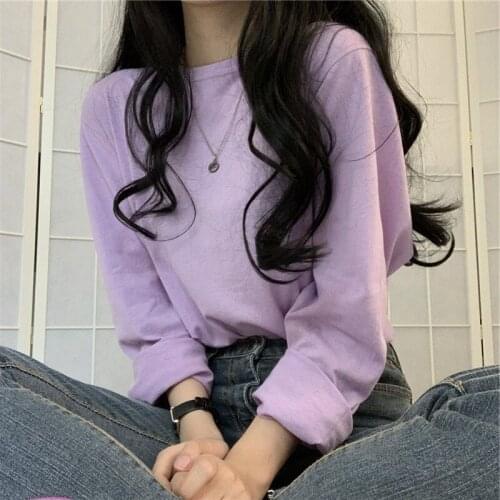 2021 Casual Loose T shirt Women Candy Color O Neck Long Sleeve Basic T-shirt Streetwear Spring Solid Simple T-shirts Tee Tops