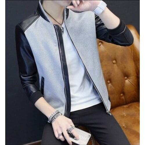 M-3Xl 2021 Autumn New Mens Leather Patchwork Jackets Slim Fit Round Neck Black Casual Leather Jacket Outerwear Overcoat