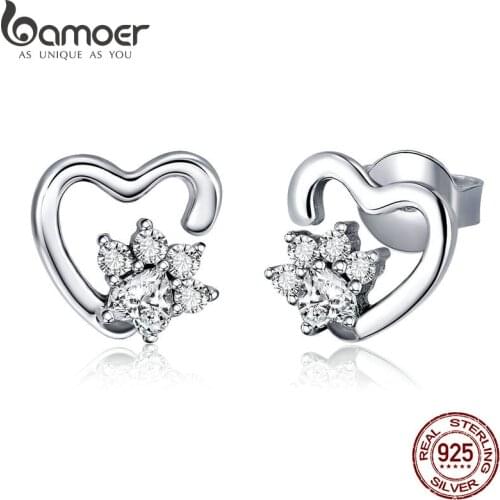 BAMOER Fashion 925 Sterling Silver Classic Heart Clear Cubic Zircon Stud Earrings for Women Sterling Silver Jewelry 2018 SCE415