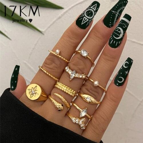 17KM Bohemian Gold Stamp Snake Crystal Rings Set For Women Retro Silver Color Moon Star Knuckle Rings Jewelry Dropshiping