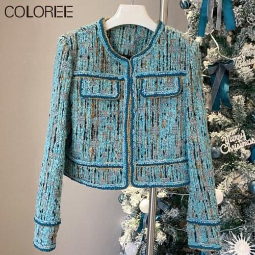 Winter Blue Striped Jacket Coat Women 2021 Korean Streetwear Long Leeve Thick Wool Coat Fashion Pocket Slim Autumn Coats