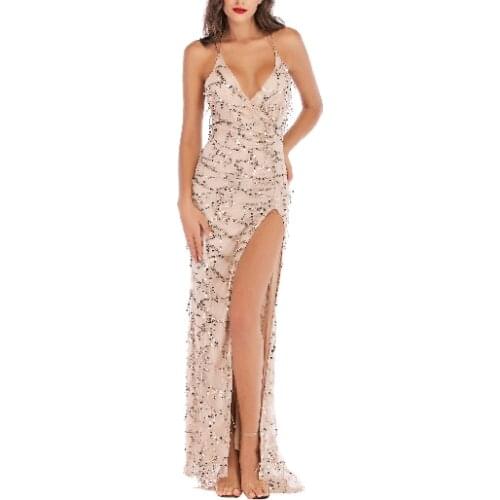 Elegant Tassels spilt Gold black Sequin floor length Dress Women Evening Party Glitter Metal Sexy Bodycon Long Maxi Dress