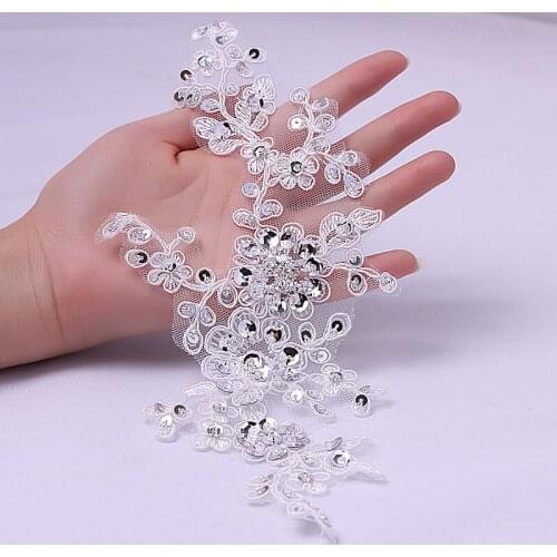 2Pairs 26X11cm DIY African French Beaded Lace Fabric High Quality Bridal Chantilly Lace Patch Luxury Sequin Lace Applique TT02