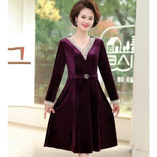 2021 New Spring Long-sleeve Gold Velvet Dress Long Plus size Dresses Middle-aged womens Big Swing Casual Pullover Dresses 5XL