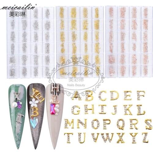 260Pcs/Box Gold Silver Rose Gold Color Alloy A-Z English Letters with Rhinestones 3D Nail Art Decorations Charm Manicure Jewelry