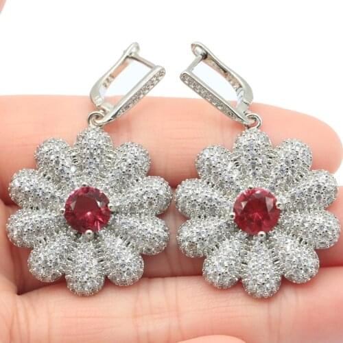 49x28mm Bohemia Flowers Design Silver Earrings Created Rhodolite Garnet White Zircon Party Wedding Drop Shipping