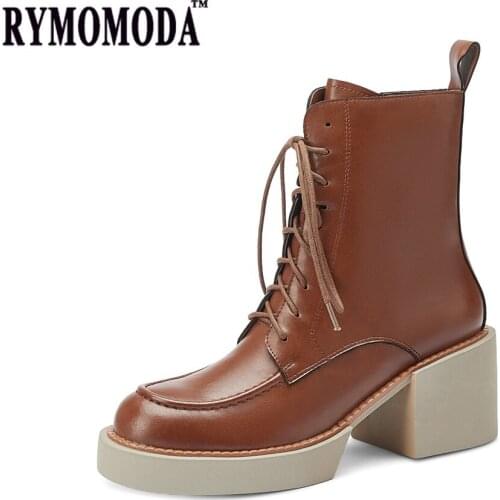 RYMOMODA Womens Handmade Split Cow Leather Ankle Boots Lace-up Platform Chunky Heel Patent Leather Martin Boot Winter Shoes 41