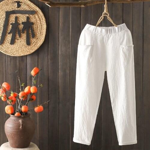ShiMai Plus Size Women Cotton Pants Summer Elastic Waist Loose Casual White Harem Pants Womens Pocket Cotton Linen Trousers