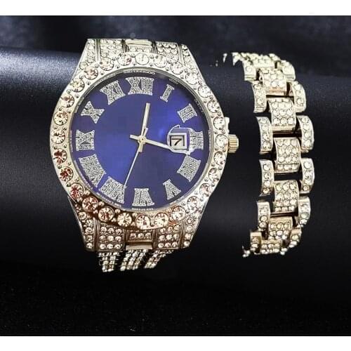 Watch for Men Luxury Iced Out Watch + Bracelet Cuban Chain Rhinestone Bangle Mens Watch Set Jewelry Set Clock Groomsmen Gifts
