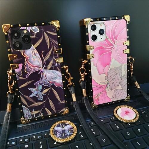 Luxury Butterfly Flower Glitter Square Case for Samsung Galaxy A72 A52 A10 A20 A32 A50 A70 A51 A71 A31 A21S Lanyard Strap Cover