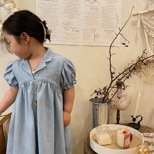 2021summer Korean girls denim lapel dress childrens bubble sleeves retro dress kids