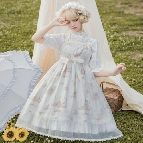 Japanese Lolita Style Summer White Jsk Rose Candle Holder Suspenders Party Dress Cute Kawaii Fairy Mini Dress