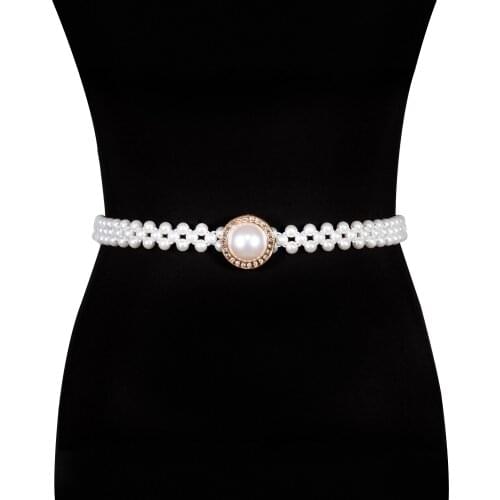 Fashion Gold Womens Luxury Belt Pearl Belt Chain Harness Elastic Waist Strap Dress Belt Party Wedding Accessories Barry.Wang
