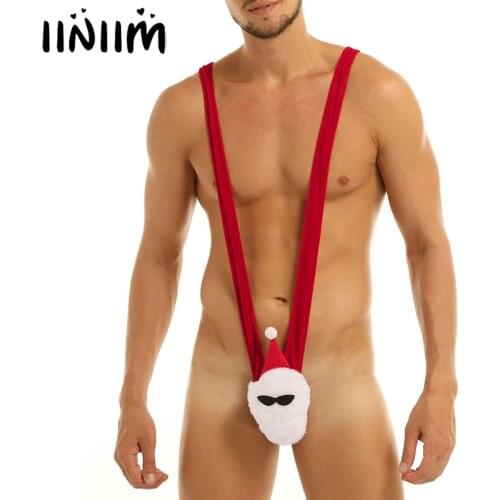 Mens Lingerie Bodysuits Velvet Christmas Mankini Costume V-shaped Jockstraps Bulge Pouch Sissy Gay Mankini Thong Underwear