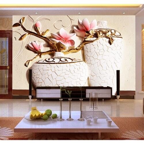 Pink Carve Flower Papel Mural Crack Vase 3d Wall Mural Vinyl Wallpaper for Background Living Room 3d Wall Photo Mural Wall paper