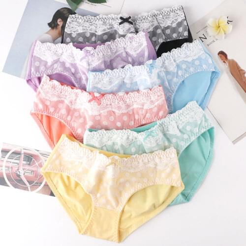 Student panties cotton fabrics lovely underwear lace edge ripple brief bow cute underwear girl knickers underpants kawaii cuecas