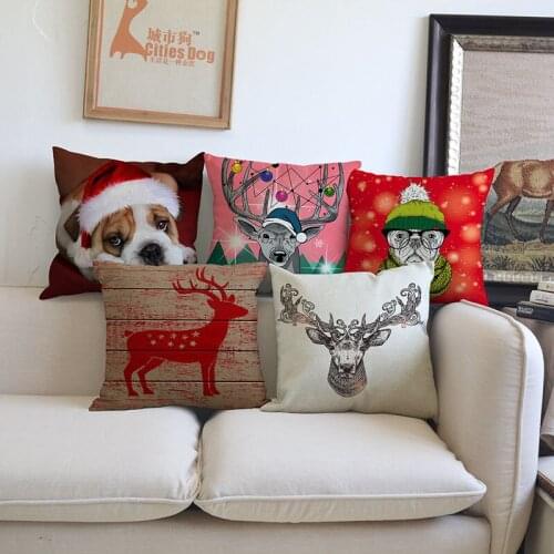 Merry Christmas Cartoon Cute Animals Dog Deer Reindeer Throw Pillow Case Home Sofa Chair Holiday Decorative Cushion Cover New